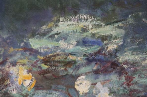 Monet close-up water lily blue maroon